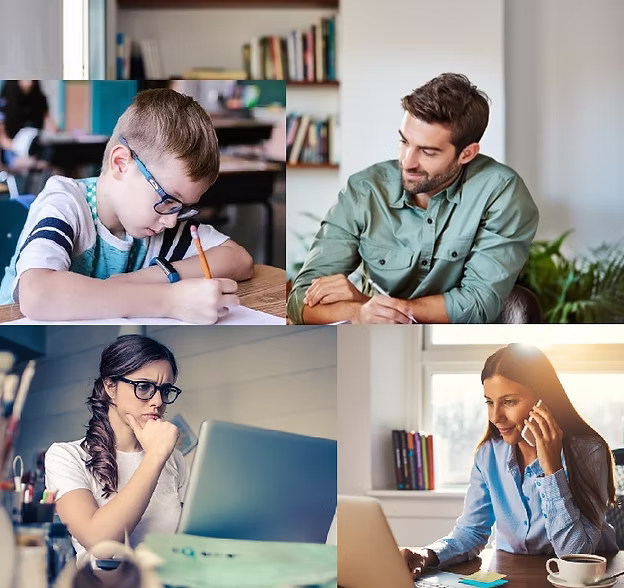 “Collage of children and adults focusing on work and study tasks showing concentration and productivity”