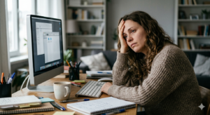 Woman experiencing brain fog and mental fatigue while sitting at a desk and looking tired in front of a computer at home.